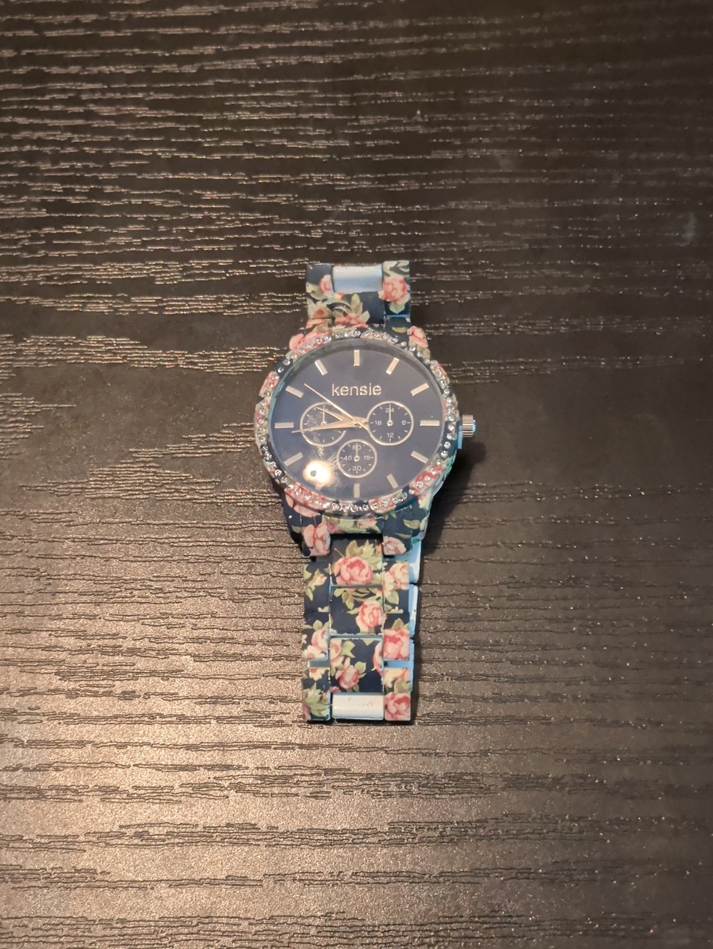 Kensie Navy Floral Strap Watch with Crystal Bezel
